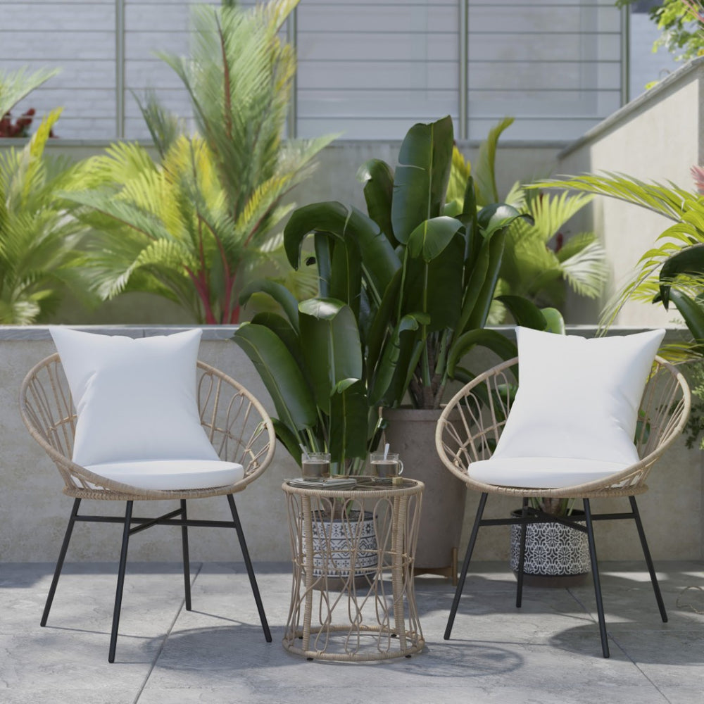 English Elm Devon 3-Piece Indoor/Outdoor Bistro Set with Papasan Chairs and Glass-Top Table for Cozy Entertaining Light Gray Fabric/Tan Frame TW-VN017-18-TAN-GG