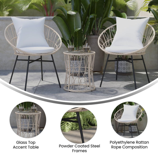 English Elm Devon 3-Piece Indoor/Outdoor Bistro Set with Papasan Chairs and Glass-Top Table for Cozy Entertaining Light Gray Fabric/Tan Frame TW-VN017-18-TAN-GG