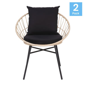 English Elm Devon Set of 2 Stylish Papasan Chairs for Indoor/Outdoor Use - Modern Woven Design with Cushions Black Fabric/Tan Frame TW-VN017-TAN-BK-GG