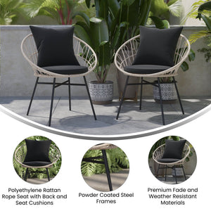 English Elm Devon Set of 2 Stylish Papasan Chairs for Indoor/Outdoor Use - Modern Woven Design with Cushions Black Fabric/Tan Frame TW-VN017-TAN-BK-GG