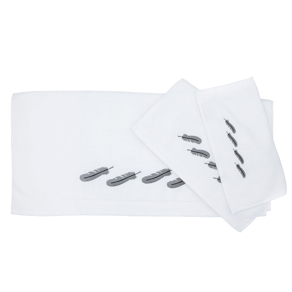 Hiend Accents Embroidered Feather Towel Set - Luxurious 100% Cotton Towels For Elegant Bathroom Décor And Comfort White,Gray Cotton Tw1754