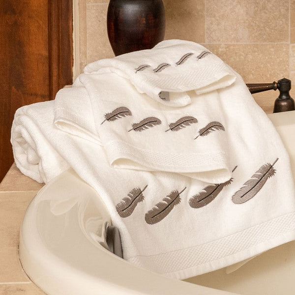Hiend Accents Embroidered Feather Towel Set - Luxurious 100% Cotton Towels For Elegant Bathroom Décor And Comfort White,Gray Cotton Tw1754