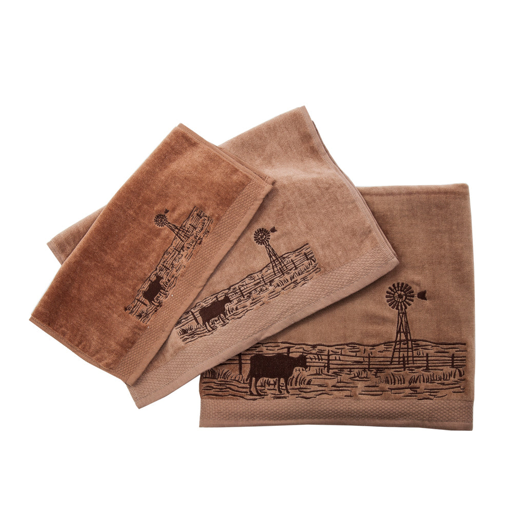 Hiend Accents Jasper Embroidered Windmill Landscape Towel Set – Rustic Elegance For Stylish Bathroom Decor Brown 95% Cotton,5% Polyester Tw1761-os-mc