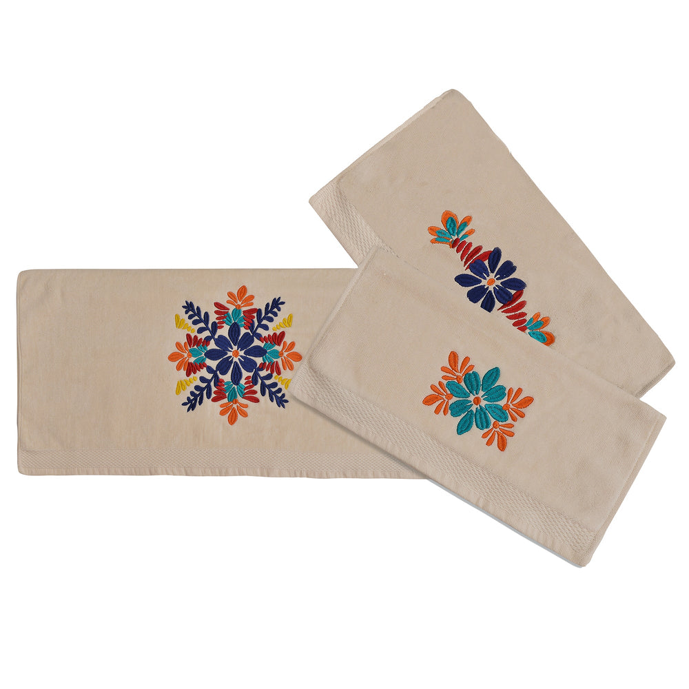Hiend Accents Bonita Towel Set - Luxurious 3-piece Collection With Vibrant Floral Design For Elegant Bathrooms Natural 95% Cotton,5% Polyester Tw1937-os-nt