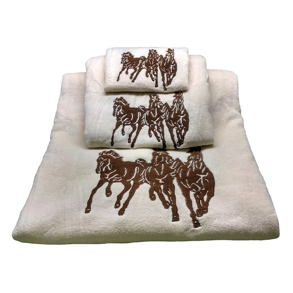 Hiend Accents Embroidered Horse Towel Set – Luxurious 3-piece Collection For Rustic Western Bathroom Elegance Cream 95% Cotton,5% Polyester Tw3003-os-cr