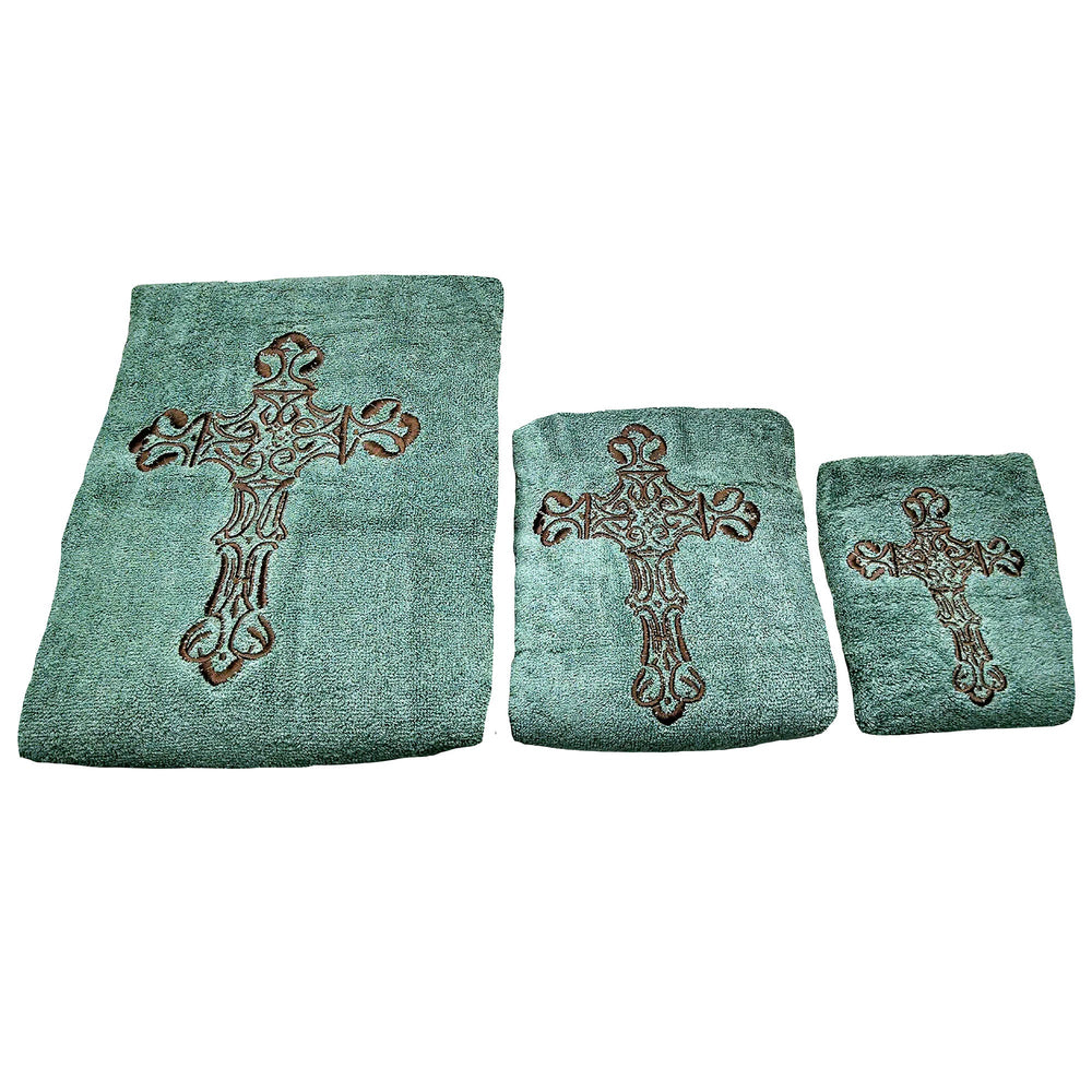 Hiend Accents Embroidered Cross Towel Set - Luxurious 3-piece Collection For Elegant Western Bathroom Décor Turquoise 95% Cotton,5% Polyester Tw3182-os-tq