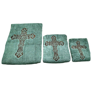 Hiend Accents Embroidered Cross Towel Set - Luxurious 3-piece Collection For Elegant Western Bathroom Décor Turquoise 95% Cotton,5% Polyester Tw3182-os-tq