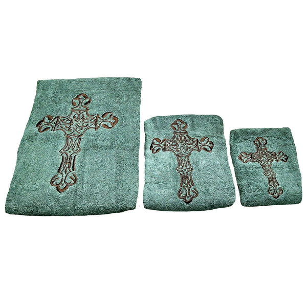 Hiend Accents Embroidered Cross Towel Set - Luxurious 3-piece Collection For Elegant Western Bathroom Décor Turquoise 95% Cotton,5% Polyester Tw3182-os-tq