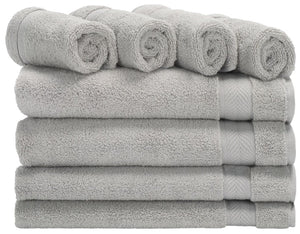 Safavieh Signature, 8 Piece Cotton Towel Set 650 GSM Chevron Dobby Border Hotel Bath Bundle Gray TWL1860B