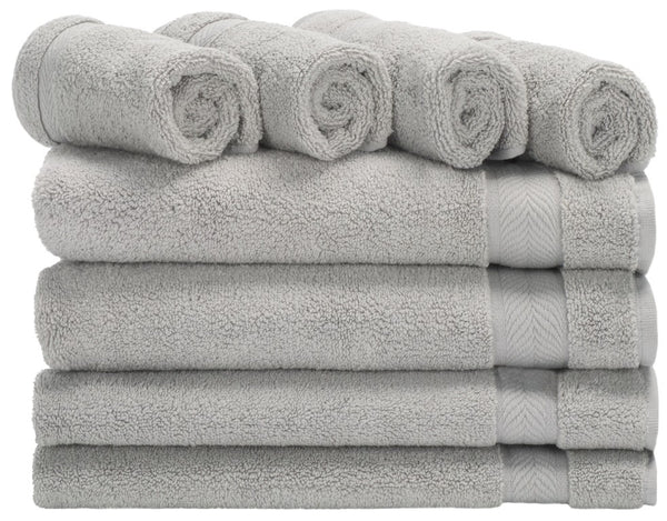 Safavieh Signature, 8 Piece Cotton Towel Set 650 GSM Chevron Dobby Border Hotel Bath Bundle Gray TWL1860B