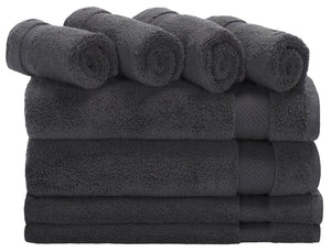 Safavieh Signature, 8 Piece Cotton Towel Set 650 GSM Chevron Dobby Border Hotel Bath Bundle Dark Gray TWL1860C