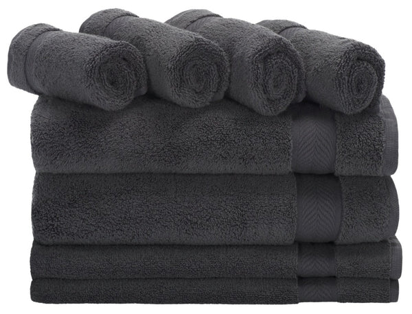 Safavieh Signature, 8 Piece Cotton Towel Set 650 GSM Chevron Dobby Border Hotel Bath Bundle Dark Gray TWL1860C