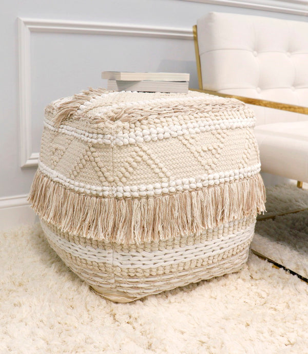 Pasargad Grand Canyon Cotton Shaggy Pouf In Ivory - Stylish, Hand-tufted Glamour For Your Space Beige 100% Cotton Ppf-261-1