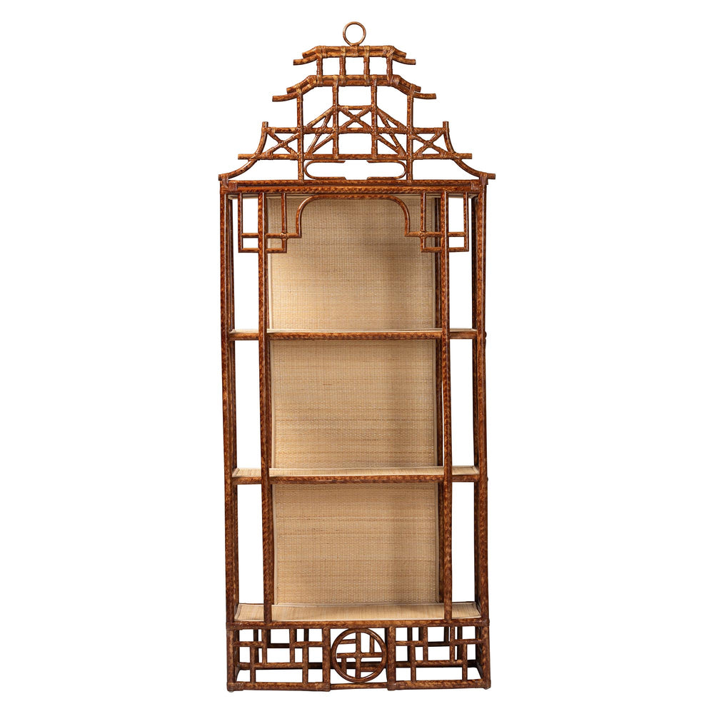 Baxton Studio Bali & Pari Tamiko Handcrafted Rattan Pagoda Etagere Three Tier Open Display Shelf Temple-Tortoise-Rattan-Shelf