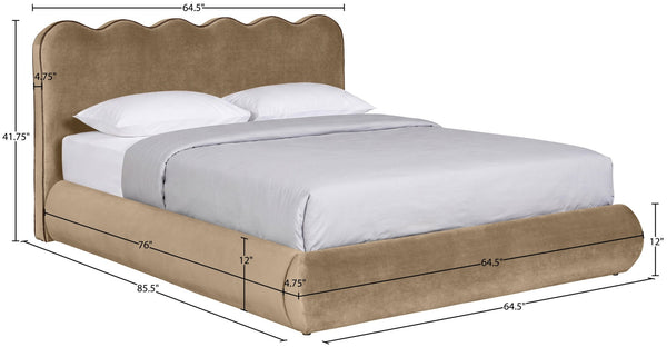 Meridian Furniture Tempo Sculptural Full Bed Plush Velvet Upholstery Curved Headboard Contrast Piping Detail Beige TempoBeige-F