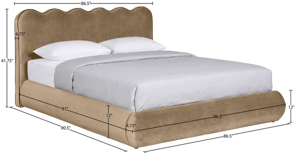 Meridian Furniture Tempo Sculptural Curved King Bed in Plush Velvet with Contrast Piping and Tall Headboard Beige TempoBeige-K