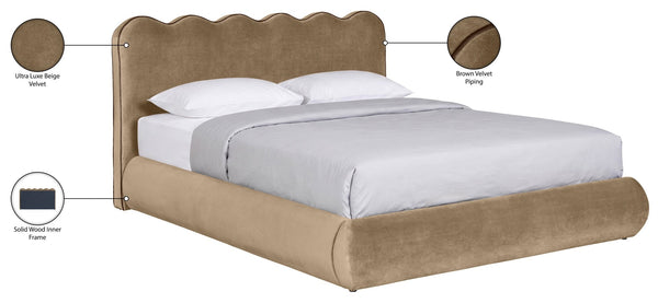 Meridian Furniture Tempo Sculptural Curved King Bed in Plush Velvet with Contrast Piping and Tall Headboard Beige TempoBeige-K