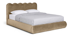 Meridian Furniture Tempo Queen Velvet Upholstered Bed Sculptural Headboard with Contrast Piping Glam Bedroom Beige TempoBeige-Q