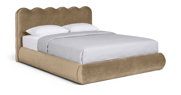 Meridian Furniture Tempo Queen Velvet Upholstered Bed Sculptural Headboard with Contrast Piping Glam Bedroom Beige TempoBeige-Q