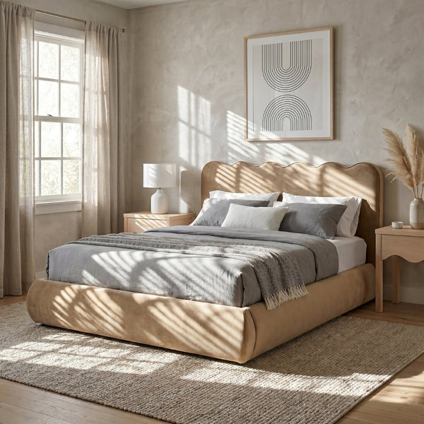 Meridian Furniture Tempo Queen Velvet Upholstered Bed Sculptural Headboard with Contrast Piping Glam Bedroom Beige TempoBeige-Q