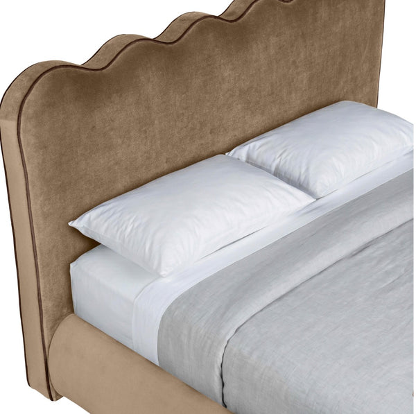 Meridian Furniture Tempo Queen Velvet Upholstered Bed Sculptural Headboard with Contrast Piping Glam Bedroom Beige TempoBeige-Q