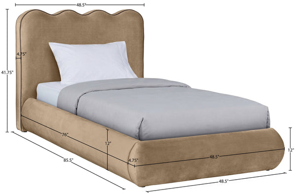 Meridian Furniture Tempo Velvet Twin Upholstered Bed with Sculptural Curved Headboard and Contrast Piping Detail Beige TempoBeige-T