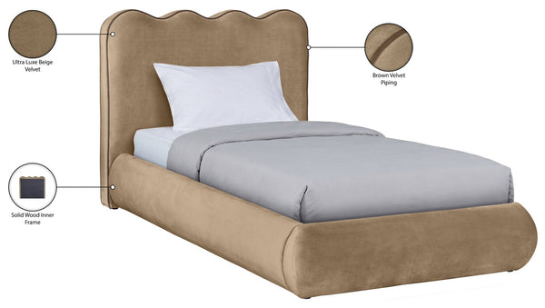 Meridian Furniture Tempo Velvet Twin Upholstered Bed with Sculptural Curved Headboard and Contrast Piping Detail Beige TempoBeige-T