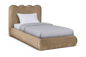 Meridian Furniture Tempo Velvet Twin Upholstered Bed with Sculptural Curved Headboard and Contrast Piping Detail Beige TempoBeige-T