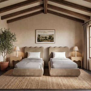 Meridian Furniture Tempo Velvet Twin Upholstered Bed with Sculptural Curved Headboard and Contrast Piping Detail Beige TempoBeige-T