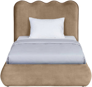 Meridian Furniture Tempo Velvet Twin Upholstered Bed with Sculptural Curved Headboard and Contrast Piping Detail Beige TempoBeige-T