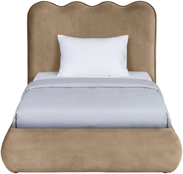 Meridian Furniture Tempo Velvet Twin Upholstered Bed with Sculptural Curved Headboard and Contrast Piping Detail Beige TempoBeige-T