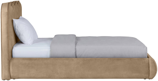Meridian Furniture Tempo Velvet Twin Upholstered Bed with Sculptural Curved Headboard and Contrast Piping Detail Beige TempoBeige-T