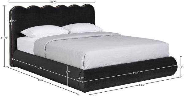 Meridian Furniture Tempo Sculptural Full Bed Plush Velvet Upholstery Curved Headboard Contrast Piping Detail Black TempoBlack-F