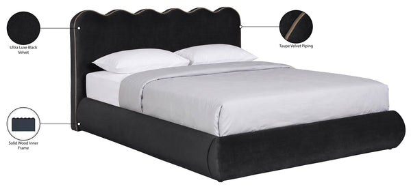 Meridian Furniture Tempo Sculptural Full Bed Plush Velvet Upholstery Curved Headboard Contrast Piping Detail Black TempoBlack-F
