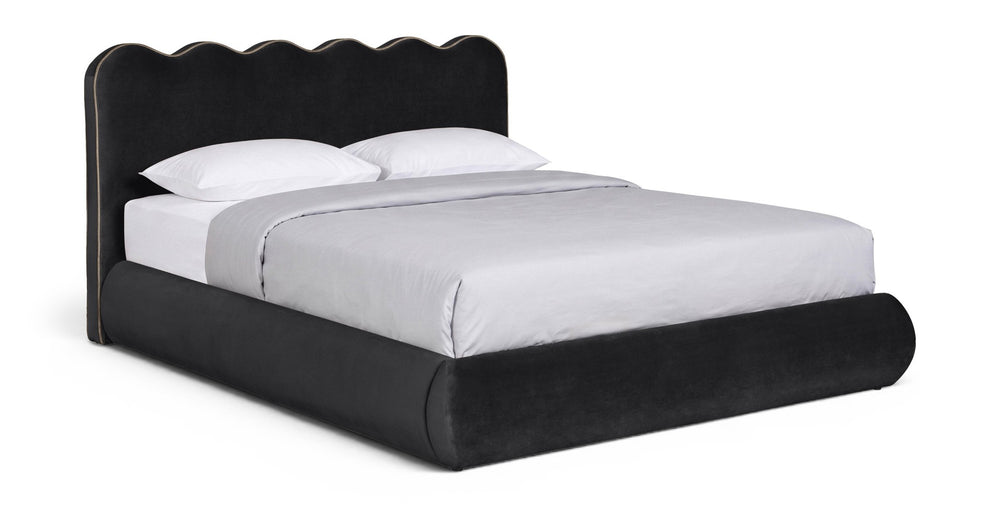 Meridian Furniture Tempo Sculptural Full Bed Plush Velvet Upholstery Curved Headboard Contrast Piping Detail Black TempoBlack-F