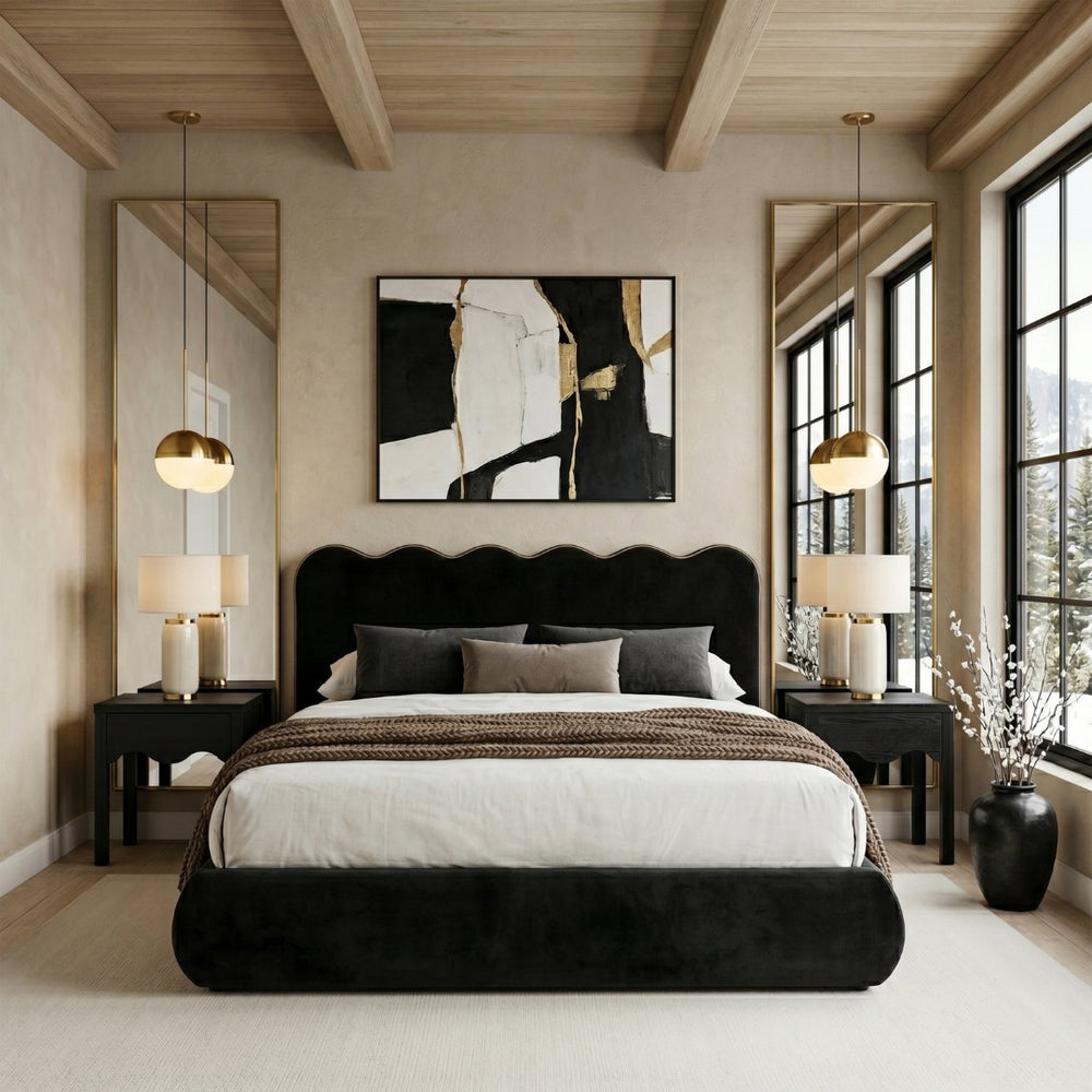 Meridian Furniture Tempo Sculptural Full Bed Plush Velvet Upholstery Curved Headboard Contrast Piping Detail Black TempoBlack-F