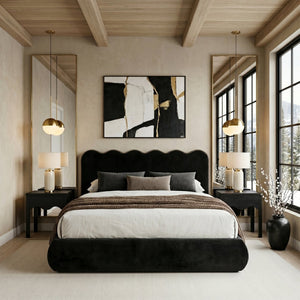 Meridian Furniture Tempo Sculptural Full Bed Plush Velvet Upholstery Curved Headboard Contrast Piping Detail Black TempoBlack-F