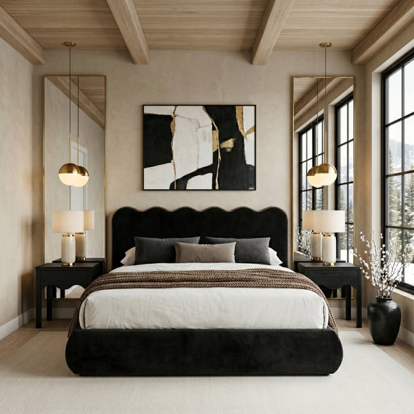 Meridian Furniture Tempo Sculptural Full Bed Plush Velvet Upholstery Curved Headboard Contrast Piping Detail Black TempoBlack-F