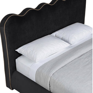 Meridian Furniture Tempo Sculptural Full Bed Plush Velvet Upholstery Curved Headboard Contrast Piping Detail Black TempoBlack-F