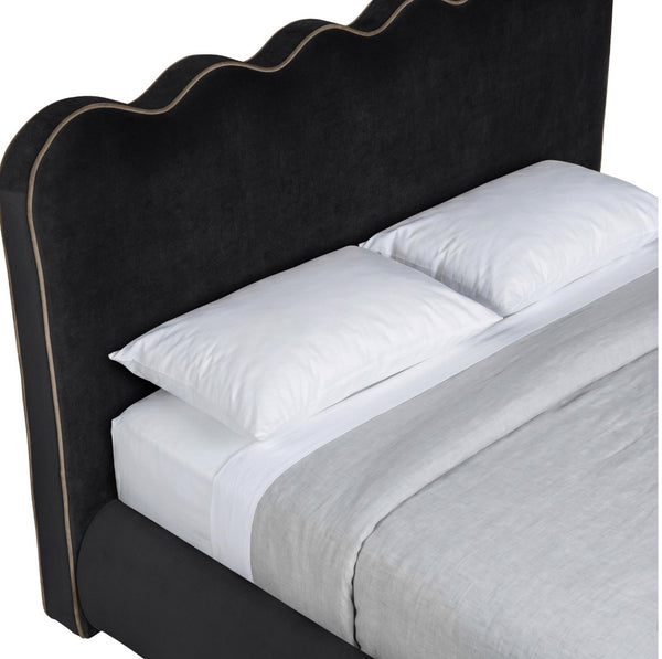 Meridian Furniture Tempo Sculptural Full Bed Plush Velvet Upholstery Curved Headboard Contrast Piping Detail Black TempoBlack-F