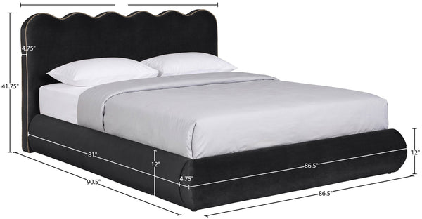 Meridian Furniture Tempo Sculptural Curved King Bed in Plush Velvet with Contrast Piping and Tall Headboard Black TempoBlack-K