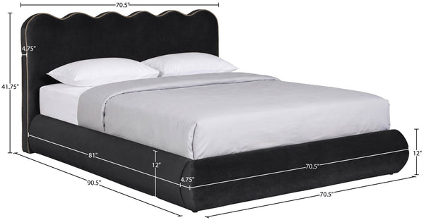 Meridian Furniture Tempo Queen Velvet Upholstered Bed Sculptural Headboard with Contrast Piping Glam Bedroom Black TempoBlack-Q