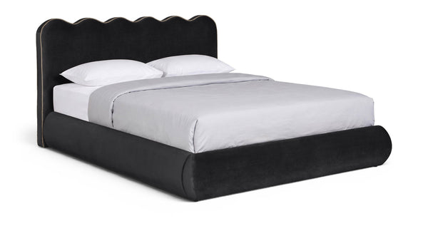 Meridian Furniture Tempo Queen Velvet Upholstered Bed Sculptural Headboard with Contrast Piping Glam Bedroom Black TempoBlack-Q