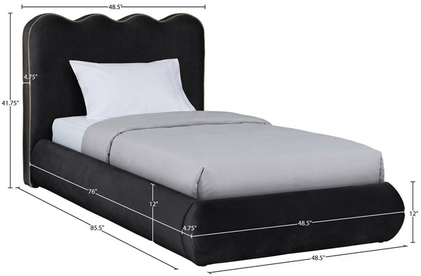 Meridian Furniture Tempo Velvet Twin Upholstered Bed with Sculptural Curved Headboard and Contrast Piping Detail Black TempoBlack-T