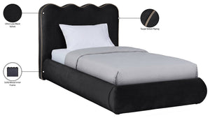 Meridian Furniture Tempo Velvet Twin Upholstered Bed with Sculptural Curved Headboard and Contrast Piping Detail Black TempoBlack-T