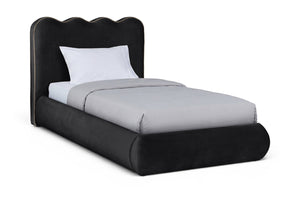 Meridian Furniture Tempo Velvet Twin Upholstered Bed with Sculptural Curved Headboard and Contrast Piping Detail Black TempoBlack-T