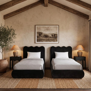 Meridian Furniture Tempo Velvet Twin Upholstered Bed with Sculptural Curved Headboard and Contrast Piping Detail Black TempoBlack-T