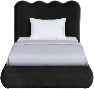 Meridian Furniture Tempo Velvet Twin Upholstered Bed with Sculptural Curved Headboard and Contrast Piping Detail Black TempoBlack-T
