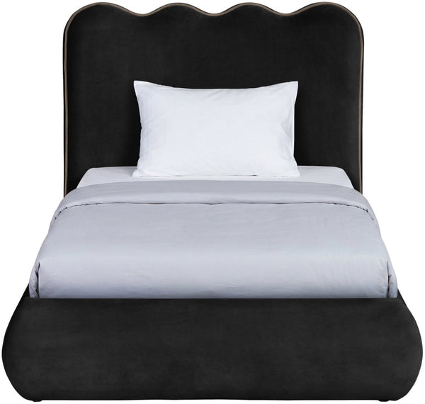 Meridian Furniture Tempo Velvet Twin Upholstered Bed with Sculptural Curved Headboard and Contrast Piping Detail Black TempoBlack-T
