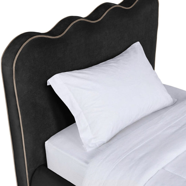 Meridian Furniture Tempo Velvet Twin Upholstered Bed with Sculptural Curved Headboard and Contrast Piping Detail Black TempoBlack-T